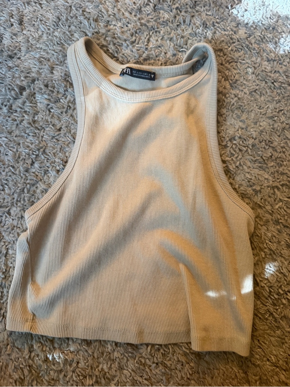 Zara Beige Ribbed High-Neck Tank Top